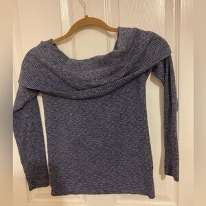 Club Monaco Heathered Blue Off-the-Shoulder Ribbed Sweater